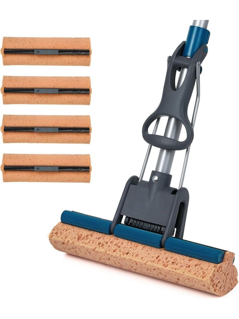 Heavy Duty Sponge Mop for Floor Cleaning - 50" Self-Squeeze with 4 Refill Heads